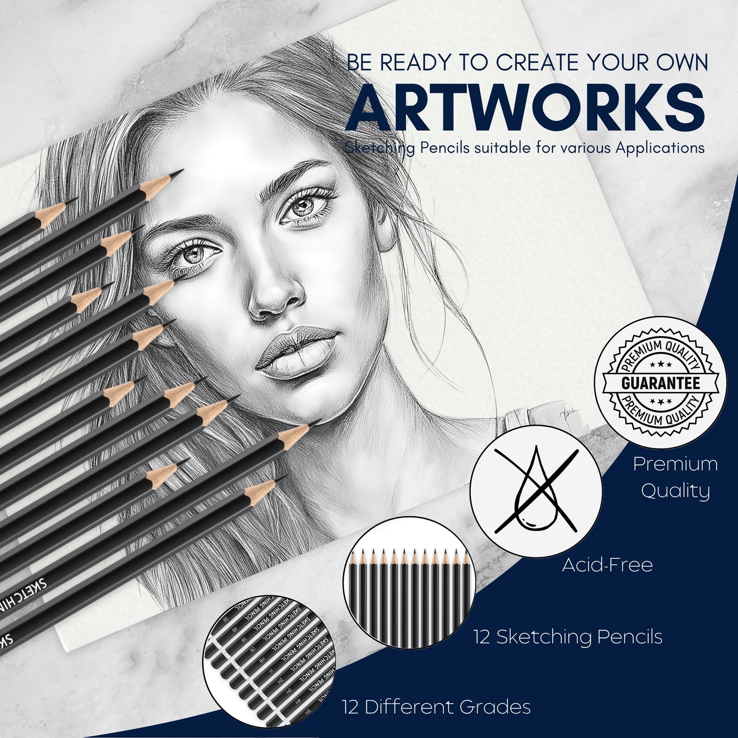 Sketching Pencils Set – 12 Graded Graphite Pencils (6B to 6H) for Drawing & Shading