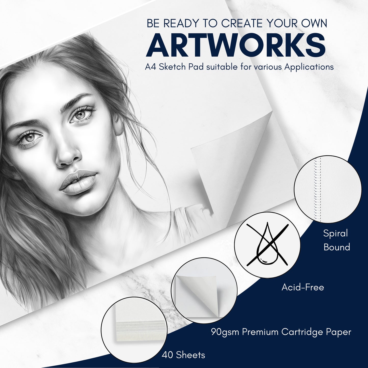 A4 Spiral Bound Sketch Pad – 40 Sheets of 90gsm White Cartridge Paper | Durable & Portable Sketchbook for Artists