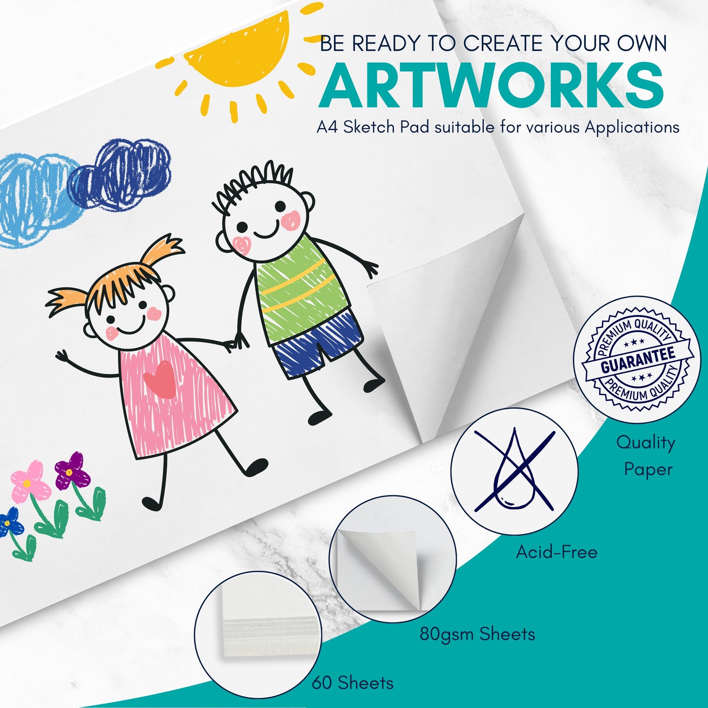 Kids A4 Sketch Pad – 60 Sheets of White Drawing Paper for Art, Doodling & School Projects – Ideal for Children, Students & Creative Play