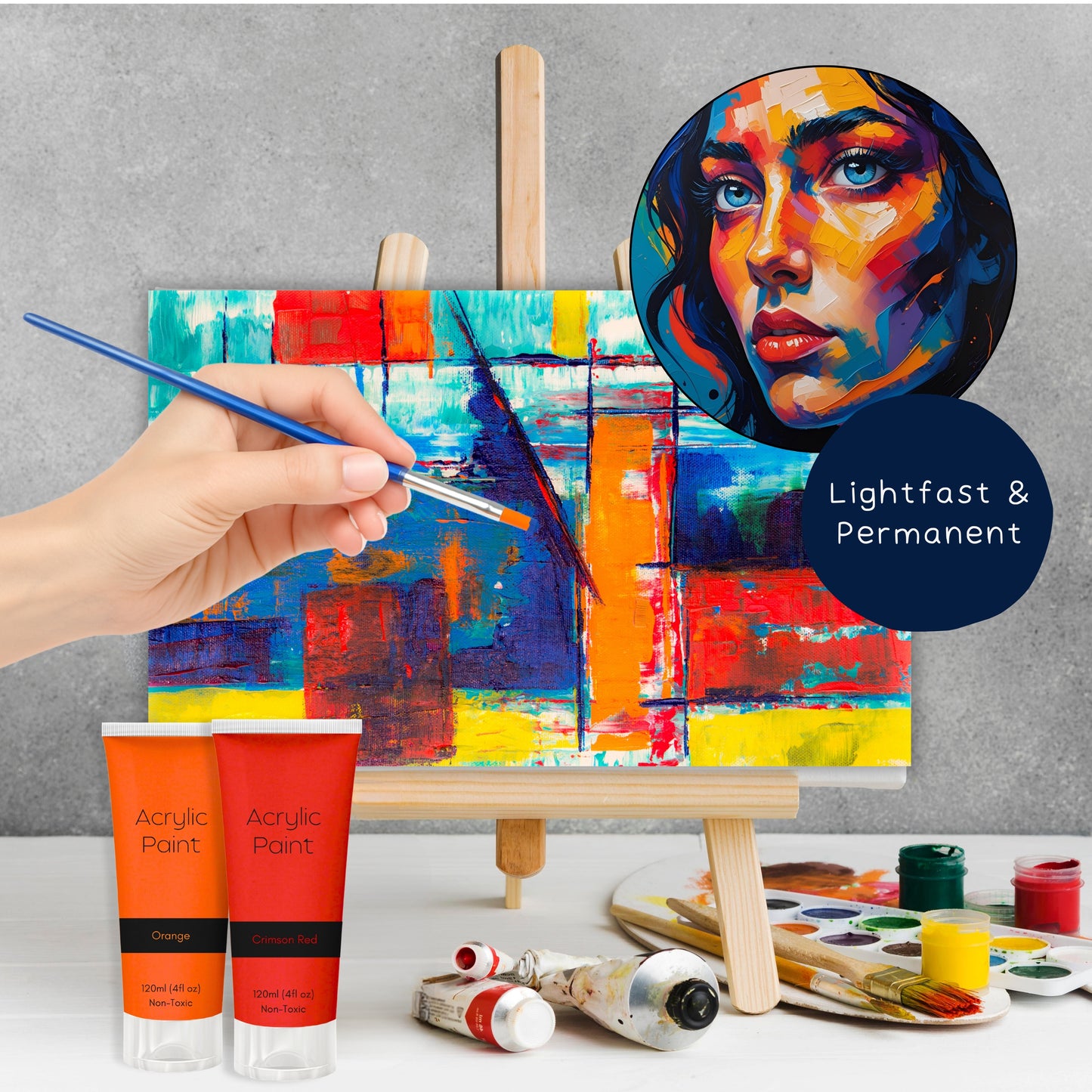 Crimson Red Acrylic Paint 120ml – Non-Toxic, Vibrant Blue with Free Bonus Brush