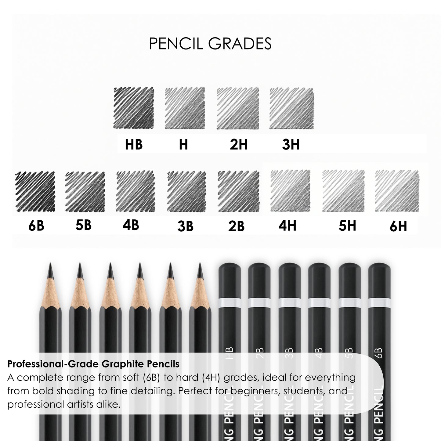 Sketching Pencils Set – 12 Graded Graphite Pencils (6B to 6H) for Drawing & Shading
