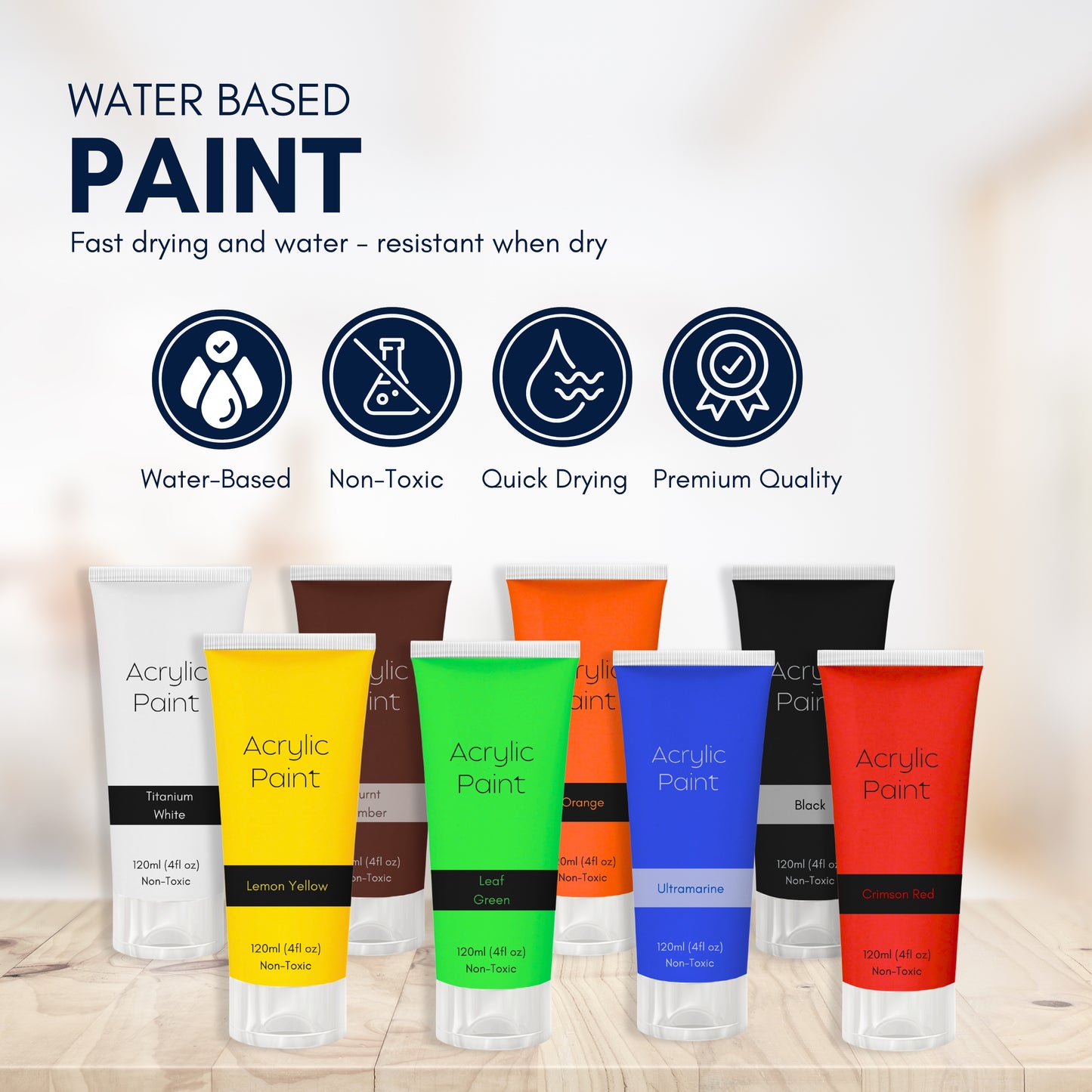 Acrylic Paint Set – 8 x 120ml Tubes + Bonus Brush | High-Pigment, Non-Toxic Paints for Art, Craft & DIY Projects