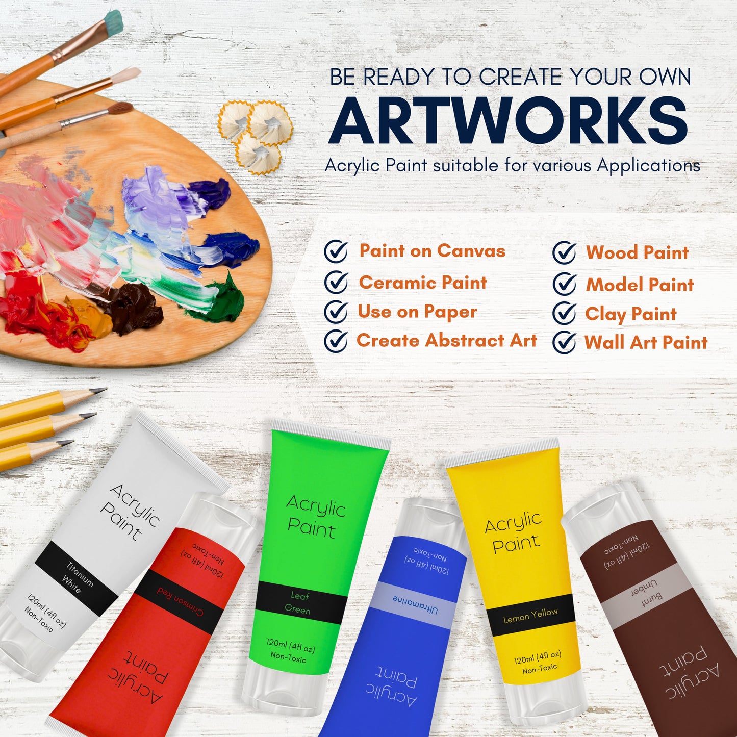 Acrylic Paint Set – 8 x 120ml Tubes + Bonus Brush | High-Pigment, Non-Toxic Paints for Art, Craft & DIY Projects