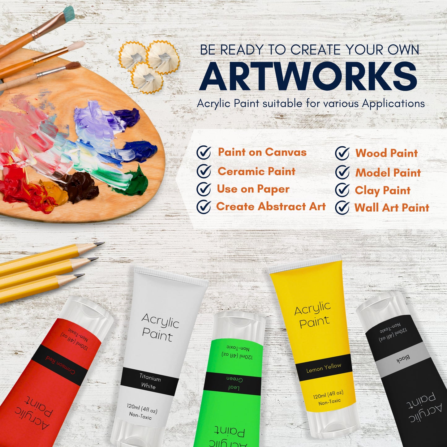 White Acrylic Paint – 120ml Tube + Brush | Non-Toxic, Quick-Dry, High-Pigment Paint for Artists & Crafters