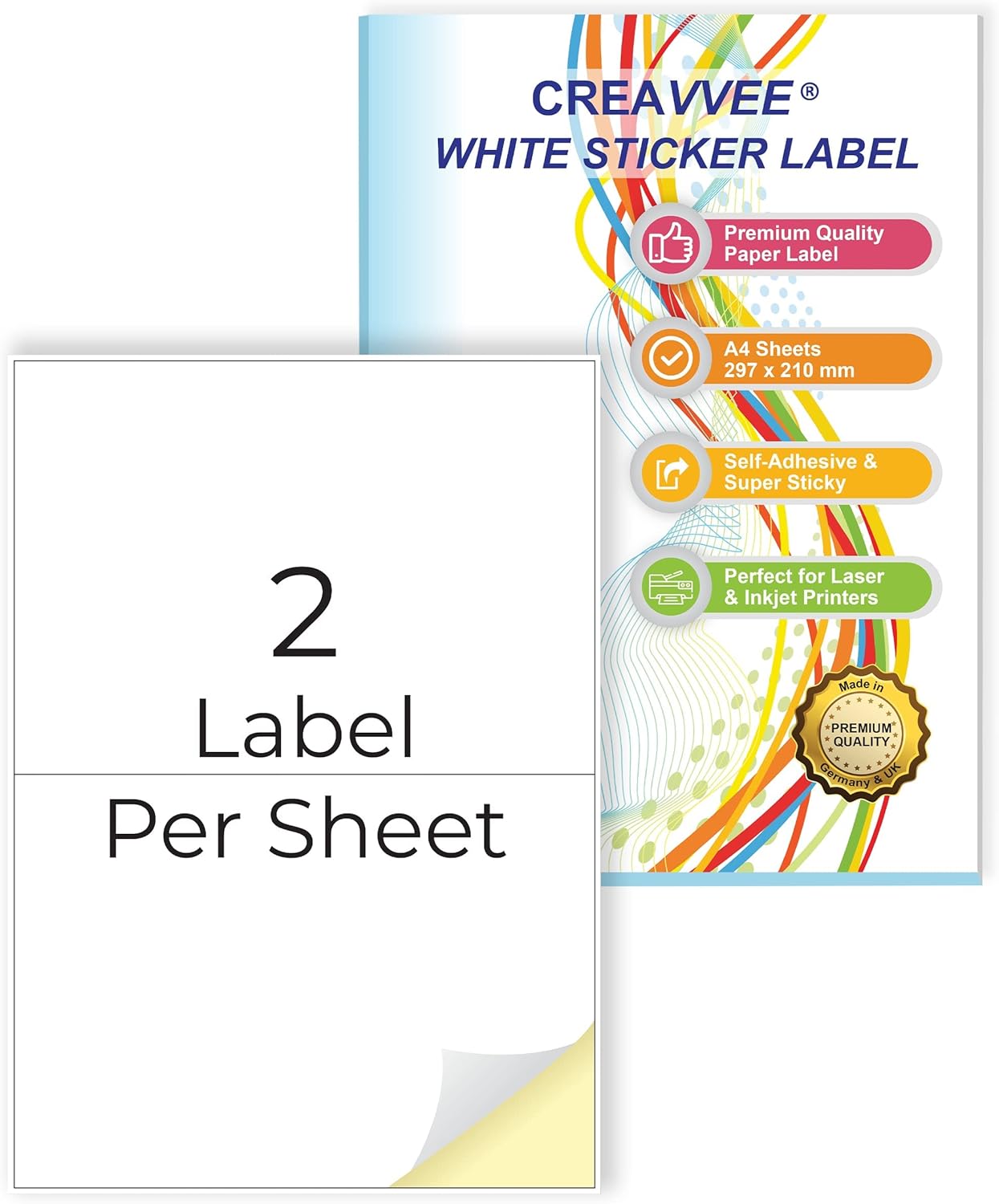Creavvee A5 Printable White Sticker Paper Labels – 2 Labels per Sheet, 25 A4 Sheets, Compatible with Laser & Inkjet Printers – Made in Europe