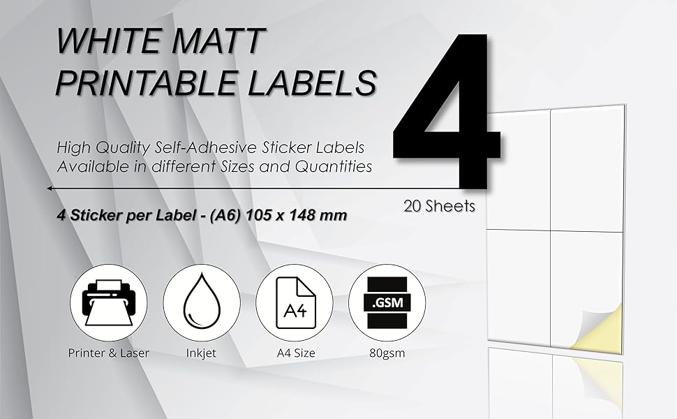 Creavvee A6 Printable White Sticker Paper Labels – 4 Labels per Sheet, 25 A4 Sheets, Compatible with Laser & Inkjet Printers – Made in Europe